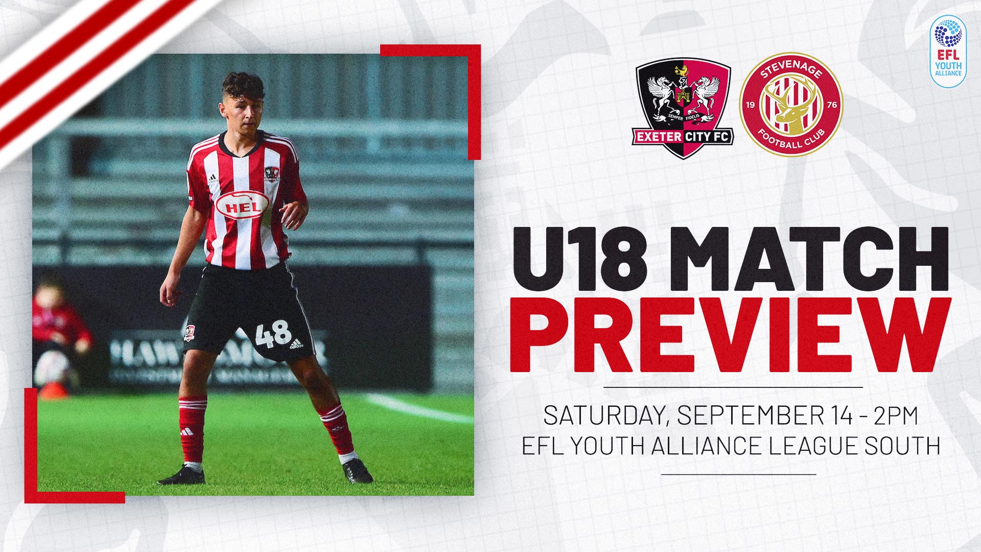 Match preview graphic. On the right is text reading: U18 MATCH PREVIEW / SATURDAY, SEPTEMBER 14 - 2PM / EFL YOUTH ALLIANCE LEAGUE SOUTH. On the left is an image of Louie Cayless, number 48 for City, in his red and white home kit.